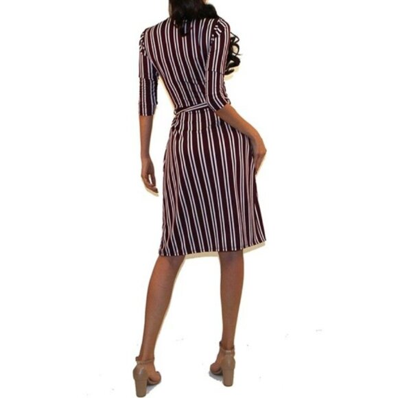 Burgundy White Stripe Faux Wrap Knee Length Dress - Picture 3 of 5